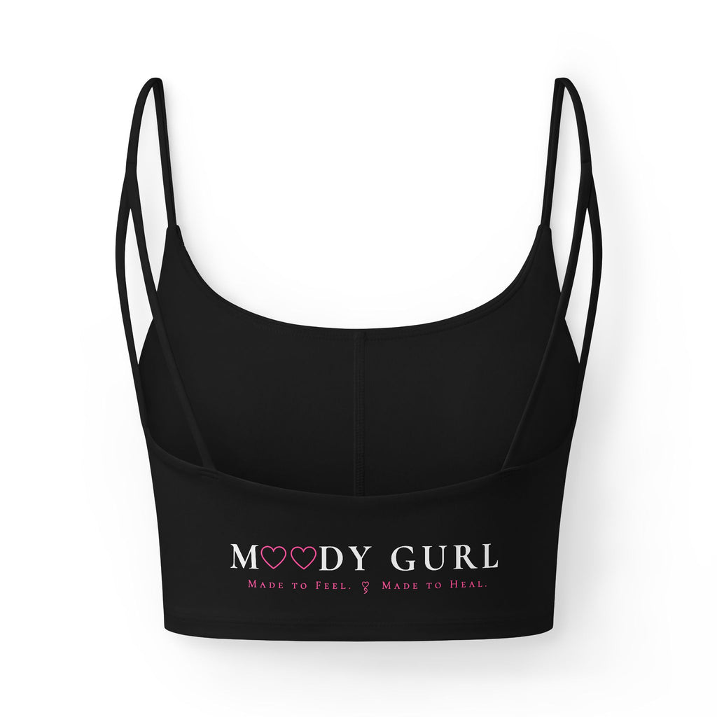 Moody Gurl Luxe Bra — Black Strappy Crop Top with 'MG' Logo & Back 'Moody Gurl' Text