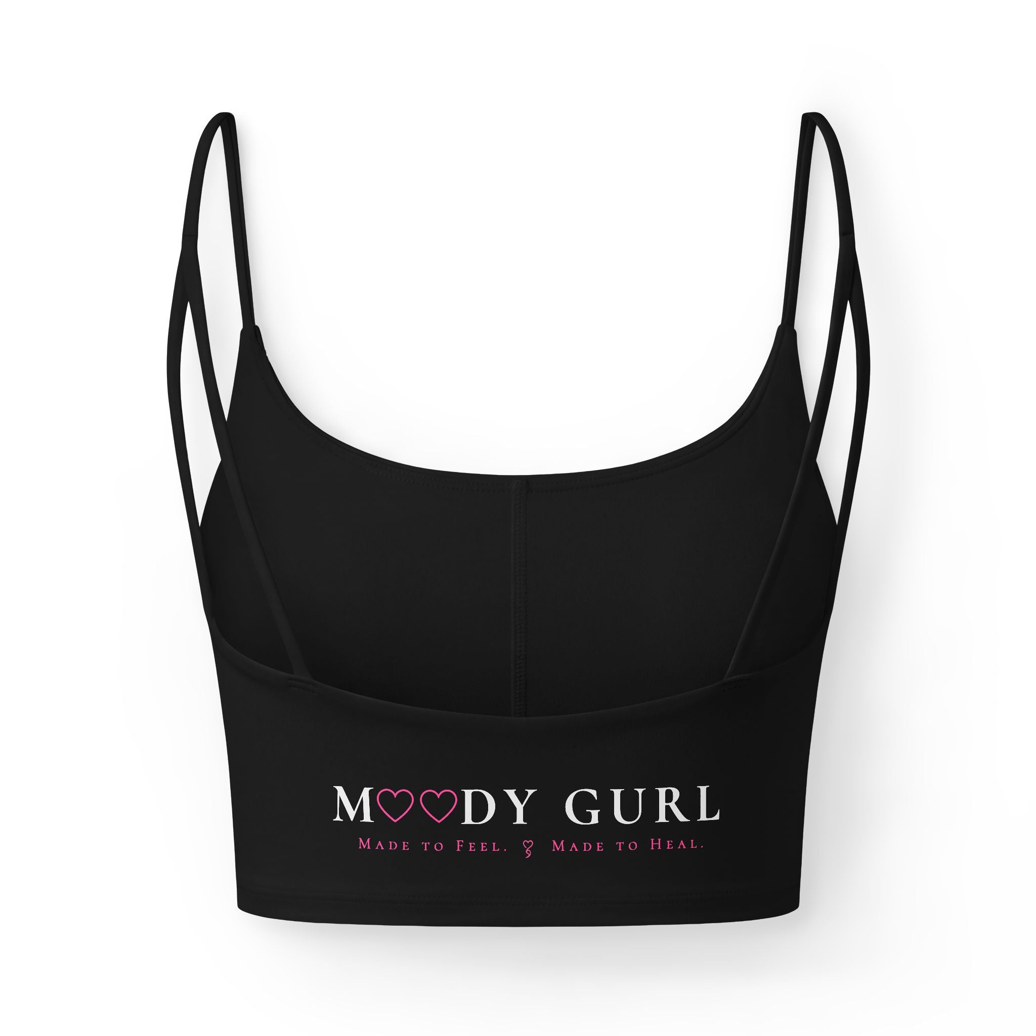 Moody Gurl Luxe Bra — Black Strappy Crop Top with 'MG' Logo & Back 'Moody Gurl' Text
