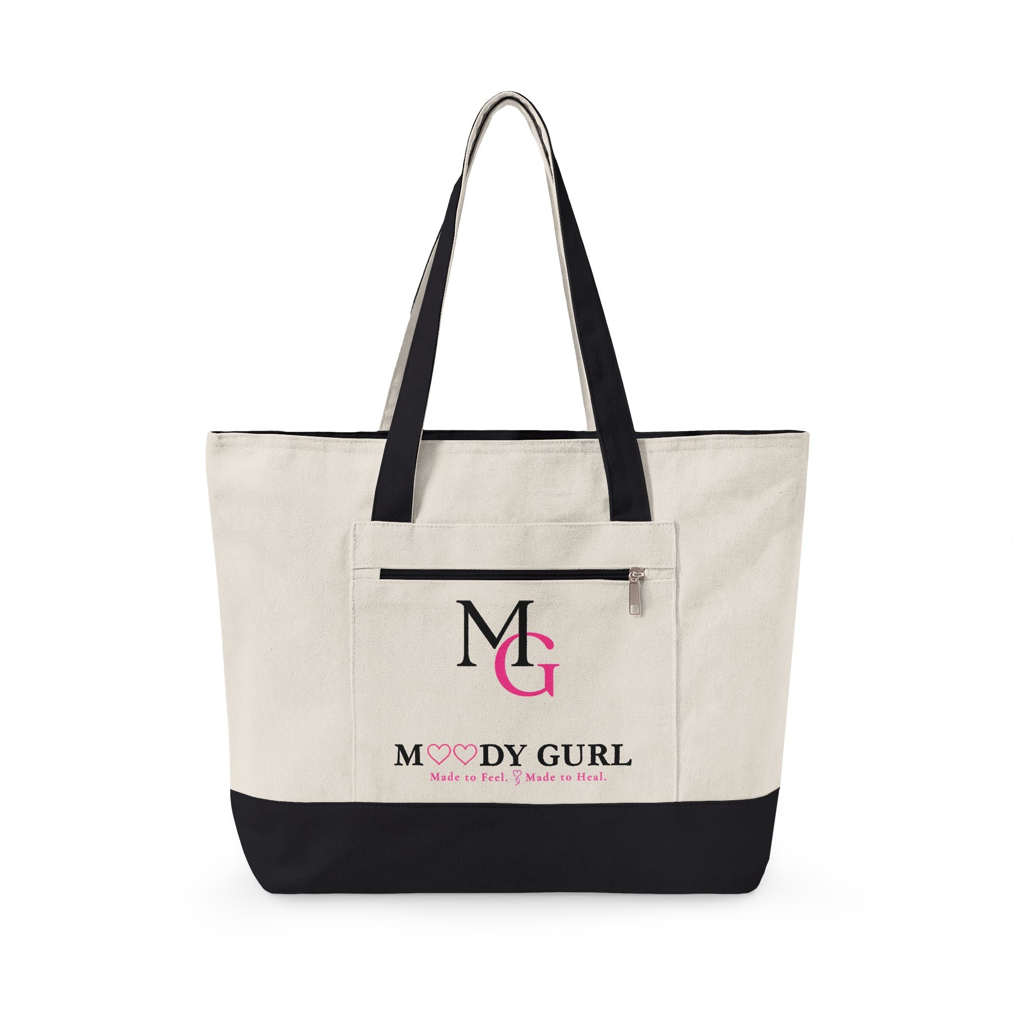Moody Gurl Zippered Canvas Tote — Pink Heart Logo Bookbag