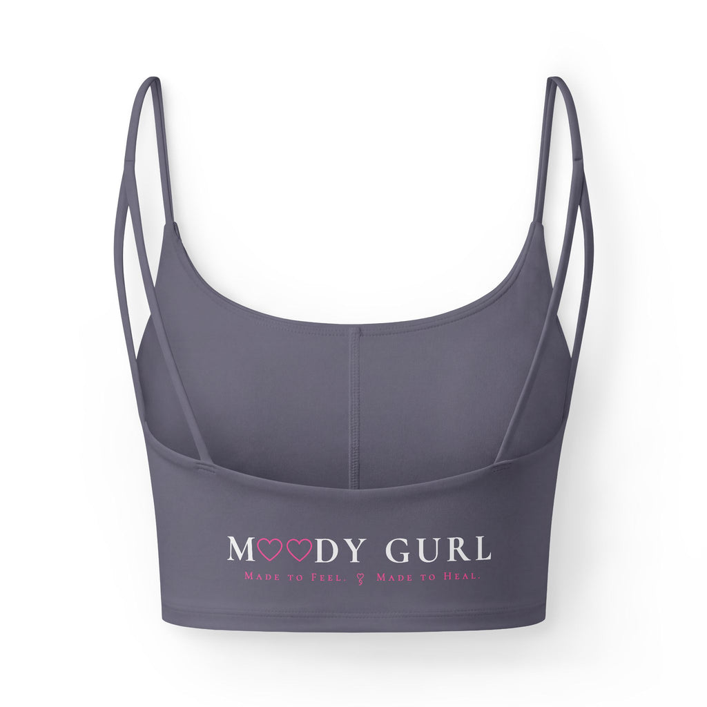 Moody Gurl Luxe Bra — Black Strappy Crop Top with 'MG' Logo & Back 'Moody Gurl' Text