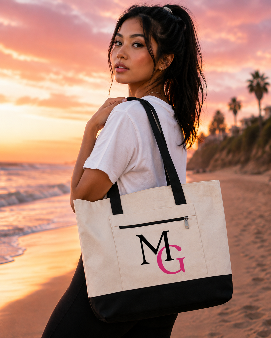 Canvas Tote Bag — Moody Gurl Monogrammed Zippered Tote Hope Mark Design.